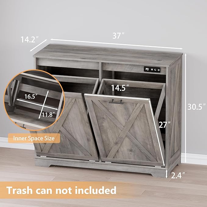 Tilt Out Trash Can Cabinet for 2 Bins, Hidden Recycle Garbage Bin Enclosure, Wooden Double Laundry Cabinet with Odor Control, Negative Ion & Ozone, for Kitchen, Bathroom, Laundry Room