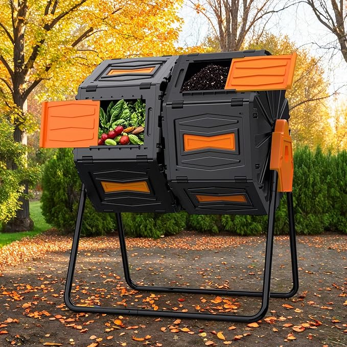 Compost Bin Outdoor, 45 Gallon / 170L Composter Tumbler, 360° Rotating Compost Bin Outdoor, BPA-Free Fast-Working All-Season Heavy-Duty Dual Chamber Compost Tumbler for Garden Kitchen Yard Waste