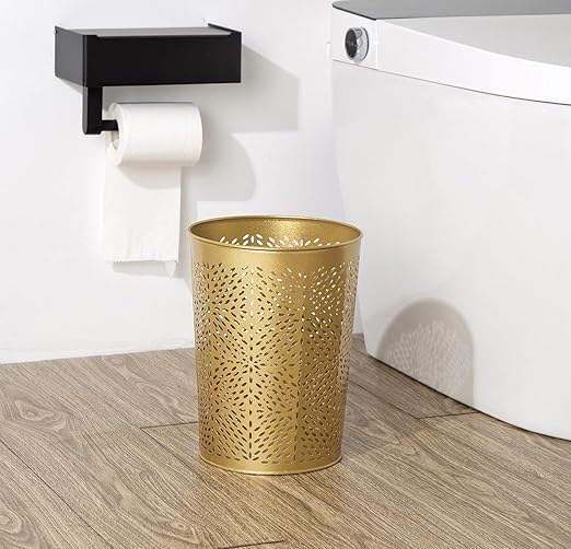Small Gold Metal Trash Can Wastebasket, Decorative Hollow-Out Garbage Can Waste Paper Bin, Modern Farmhouse Round Trash Bin for Bathroom, Bedroom, Kitchen and Office (Floral)