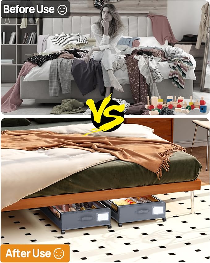 Under Bed Storage with Wheels, Square Under Bed Storage Containers, 60L Under The Bed Storage Bins, Rolling Metal Drawer for Clothes, Blankets, Shoes...