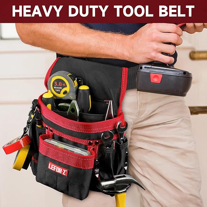 Tool Belt,Magnetic Tool Pouch,14-Pockets Tool Belts for Men,Detachable & Adjustable Tool Pouch Belt for Electrician,Carpenter,Construction,Work Apron,Utility Belt,Black-Red