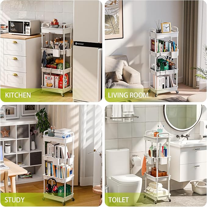 4 Tier Rolling Cart Organizer,Art Craft Diaper Bedside Snack Laundry Room Bathroom Organizer Narrow Thin Slim Rolling Trolley Utility Cart with Wheels for Kitchen,Office(White)