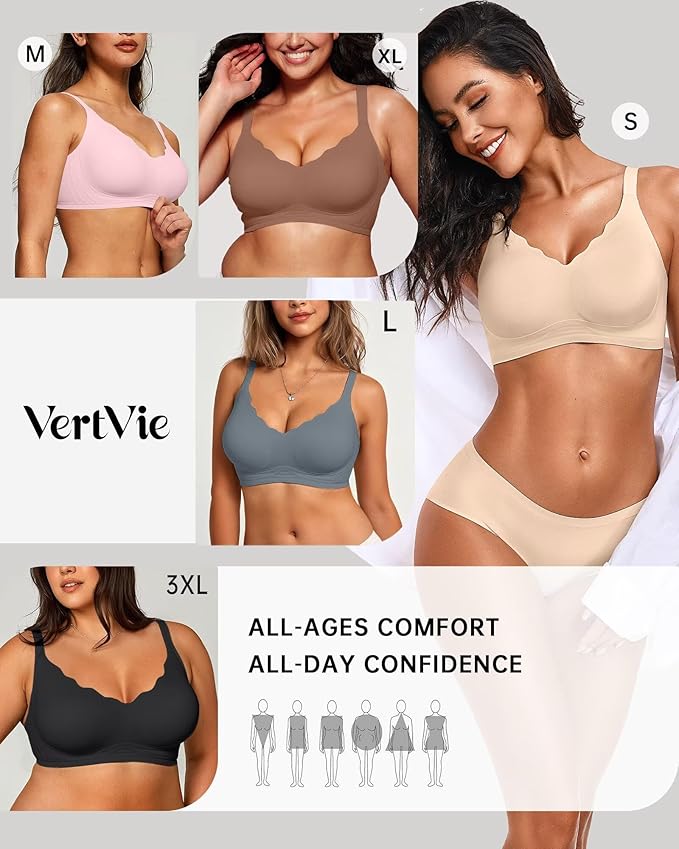 Vertvie Womens Seamless Bras No Underwire Supportive Wireless Push Up Full Coverage Bralette Comfort Scalloped T-Shirt Bra