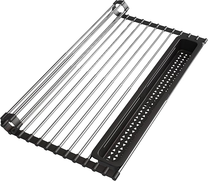 JASIWAY Roll Up Dish Drying Rack, Expandable (12.8"-23.8" D x 12.8" W) Stainless Steel Portable Over The Sink Dish Drainer for Kitchen Sink Counter, Foldable Sink Cover with Removable Utensil Holder