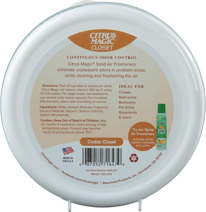 Citrus Magic Odor Absorbing Solid Air Freshener for Closets, Cedar, 8-Ounce, Pack of 3