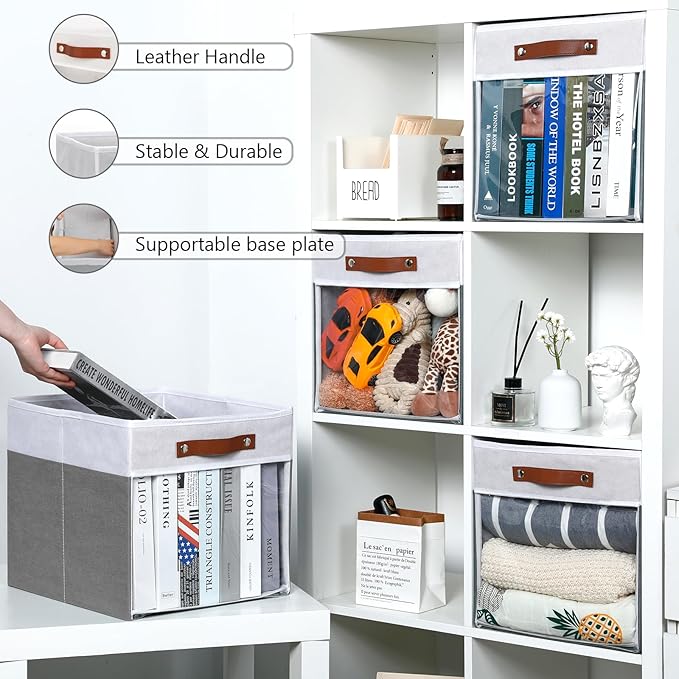 HNZIGE Fabric Cube Storage Bins - 4 Pack 13x15x13 Collapsible Storage Cubes for Organizing Shelves, Closet, Pantry - White, Gray