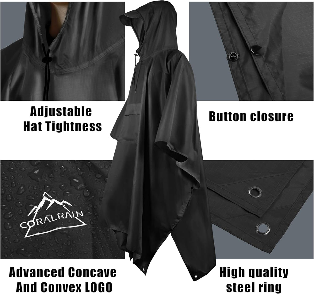 Coralrain Hooded Rain Poncho Lightweight Waterproof Unisex Raincoat Jacket with Pocket for Men Women Adult