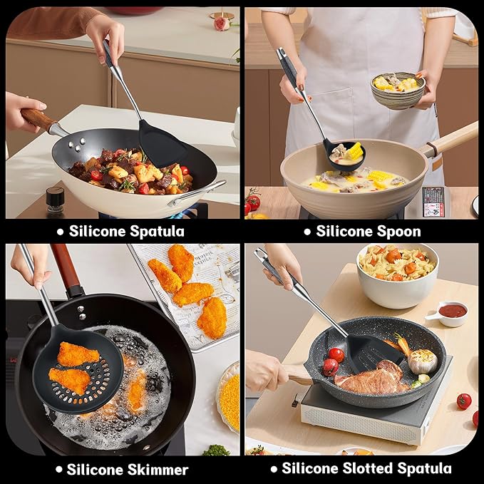 FJNATINH Silicone Wok Spatula,Turner,Ladle,Skimmer,Stainless Steel Wok Tools,Wok Utensil,Non Stick Heat-Resistant Cooking Utensils BPA Free Kitchen Utensils Cookware (Black Stainless Steel-4PCS)