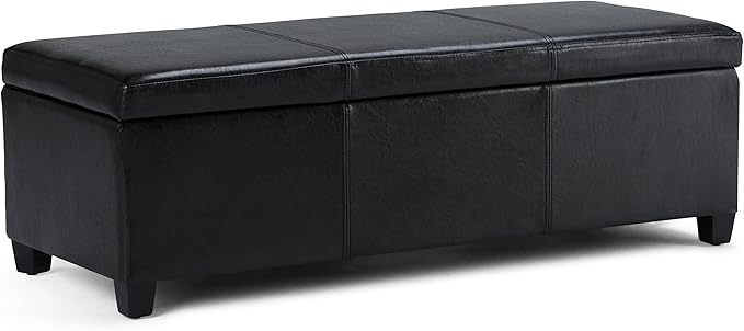 SIMPLIHOME Avalon 48 inch Wide Contemporary Rectangle Storage Ottoman Bench in Midnight Black Vegan Faux Leather, Assembled, for the Living Room, Entryway and Family Room