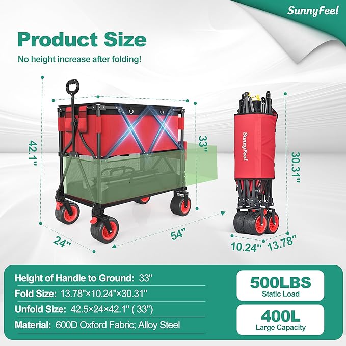 SUNNYFEEL Heavy Duty Collapsible Outdoor Utility Wagon Cart 500LB Capacity Adjustable Handlebar,Foldable Beach Wheels Stable Durable Oxford Fabric for Shopping Garden Camping (Red, Double Deck)