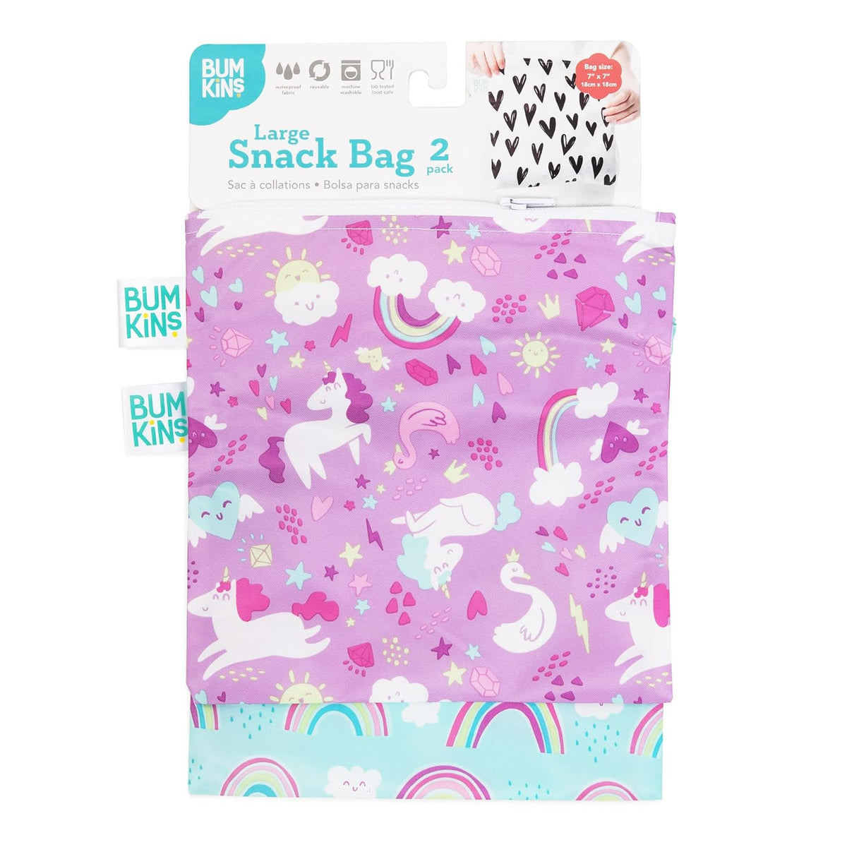 Bumkins Reusable Sandwich and Snack Bags, for Kids School Lunch and for Adults Portion, Washable Fabric, Waterproof Cloth Zip Bag, Travel Pouch, Food-Safe, Large 2-pk Unicorns and Rainbows