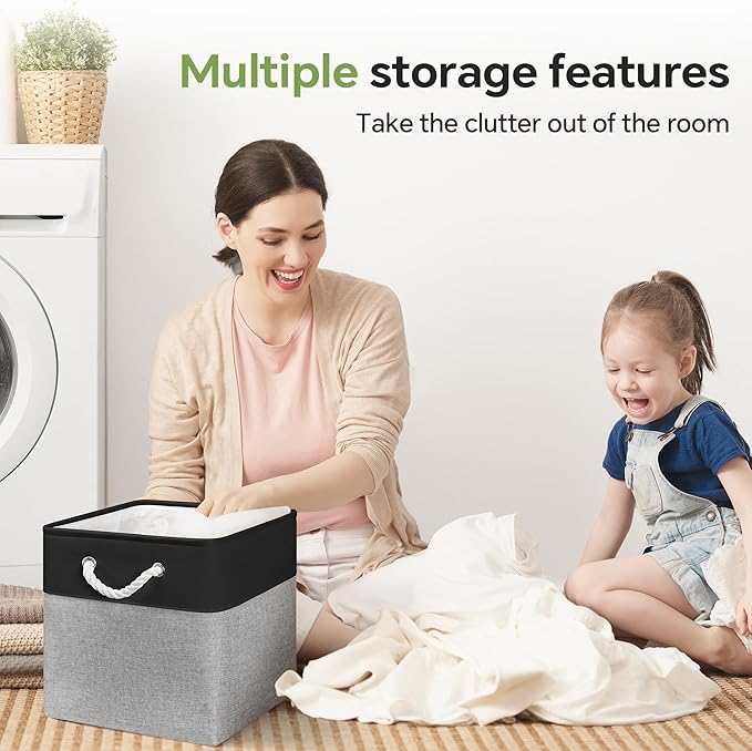 13x13 Inch Cube Storage Bins with Reinforced Bottom Cardboard, 6 Pack Large Collapsible Fabric Storage Cubes with Handles for Shelf, Closet, Toy, Laundry Organization (Black&Gray)
