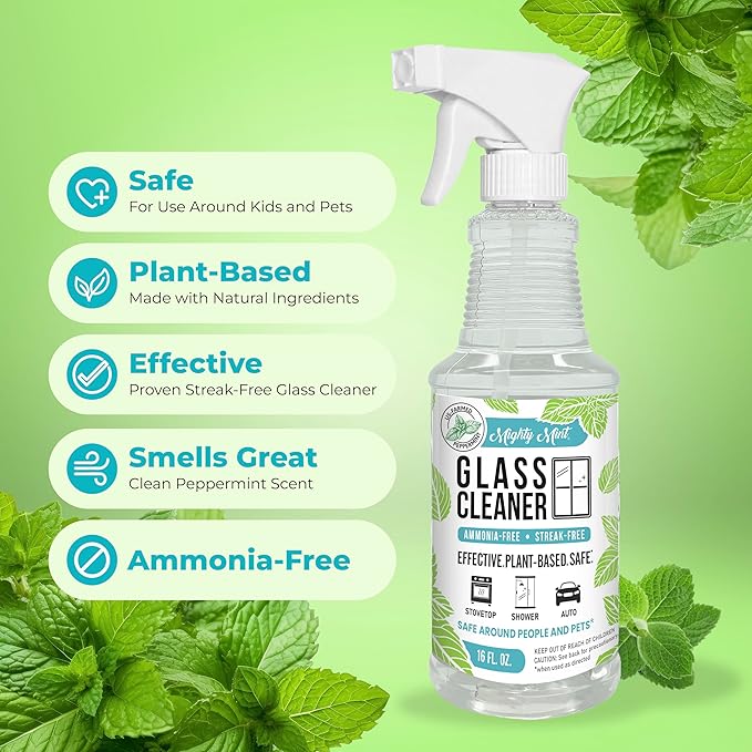 Mighty Mint Glass Cleaner, Ammonia-Free, Streak-Free Spray for Windows, Screens, Stovetop, Bathroom, Natural Peppermint Scent, 16oz (Pack of 2)