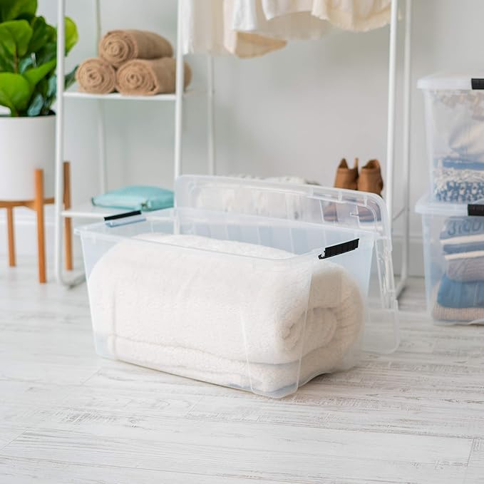 IRIS USA 72 Qt Stackable Plastic Storage Bins with Lids, 4 Pack - BPA-Free, Made in USA - See-Through Organizing Solution, Latches, Durable Nestable Containers, Secure Pull Handle - Clear