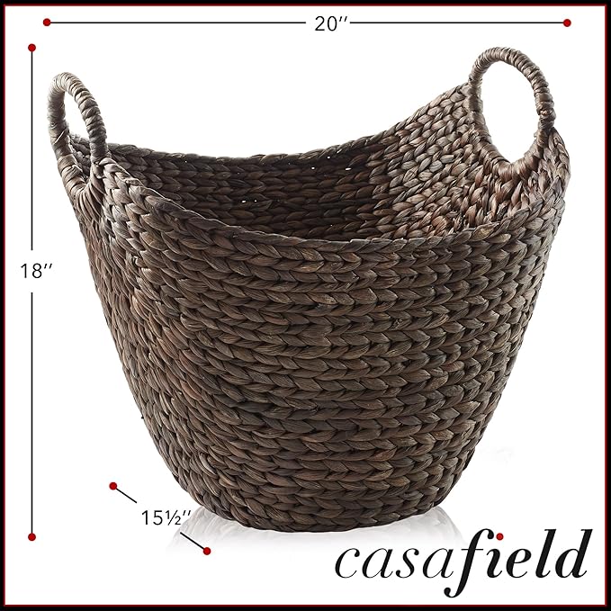 Casafield Large Laundry Boat Basket with Handles - Espresso, Woven Water Hyacinth Multipurpose Storage Organizer for Throw Blankets, Bathroom, Bedroom, Living Room