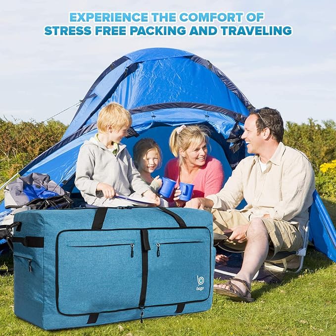 Bago Large Foldable Duffel Bags for Traveling Women & Men - 100L Packable Duffle Bag for Travel with Shoe Compartment - Water Repellant, Heavy Duty, Lightweight Folding & Collapsible (SnowBlue)