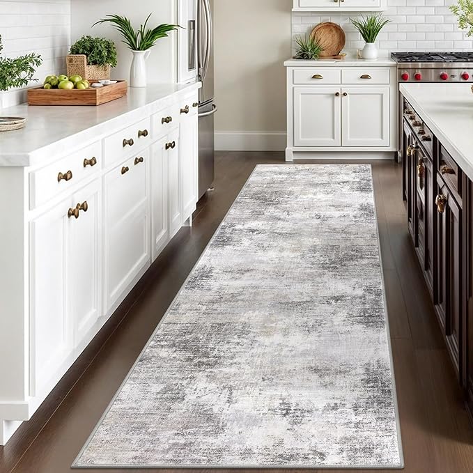 IOHOUZE Abstract Runner Rug 3x10 Ft Washable Runners for Hallways, Non Slip Kitchen Runner Printed Faux Wool Entryway Runner Indoor, Modern Abstract Floor Carpet for Hall Bedroom, Grey Beige