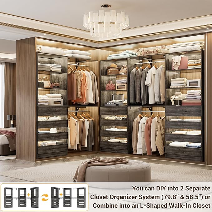 Aheaplus Closet System Set of 3, 138.5" Wood Closet Organizer System Tower with 12 Drawers & 4 Hanging Rods, 6.7+4.85Ft L Shaped Walk-in Closets Wardrobe Organizer Garment Rack with Shelves, Black Oak