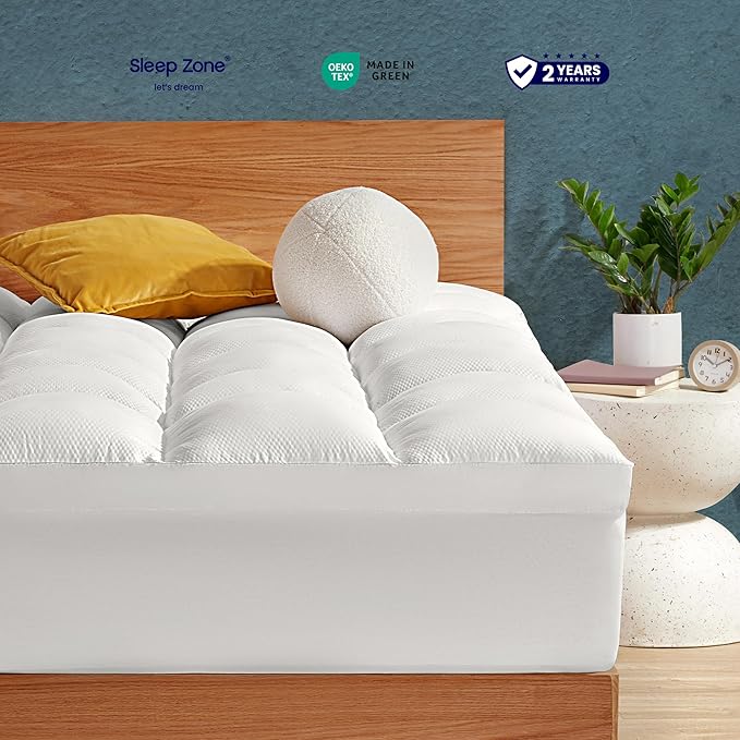 SLEEP ZONE Mattress Topper, Extra Thick Fitted Mattress Pad for Back Pain, Plush and Support Mattress Cover, Deep Pockets Mattress Protector, Hotel Quality (White, California King)