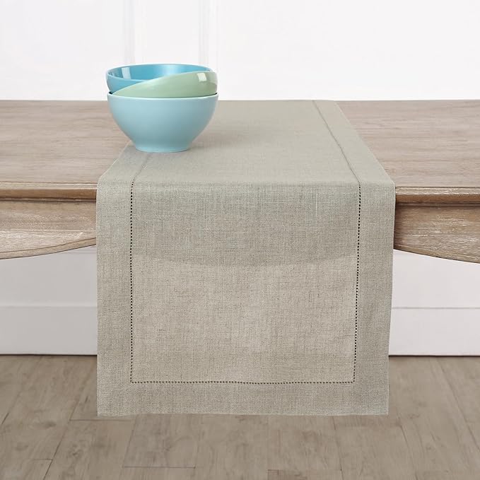 Solino Home Linen Natural Table Runner 132 Inches Long - 100% Pure Linen Extra Long Table Runner 14 x 132 Inch for Christmas, New Year - Classic Hemstitch