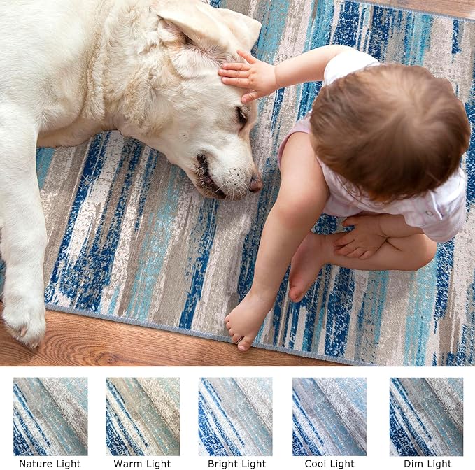 Small Abstract Area Rug, Entryway Rug Washable Door Mat Indoor Entrance, 2x3 Washable Rug Non-Slip, Soft Blue Kitchen Rugs Thin Print Faux Wool Floor Carpet Throw Rugs for Foyer Front Door Sink