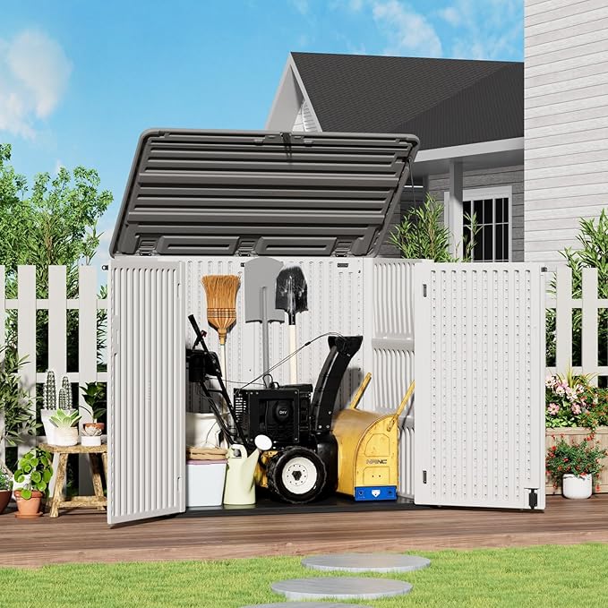 ZZM Large Outdoor Storage Shed, 48 Cu Ft Resin Versatile Storage Cabinet for Patio Accessories, Trash Cans & Garden Tools, Durable Horizontal Storage Box with Lockable Lid (White)