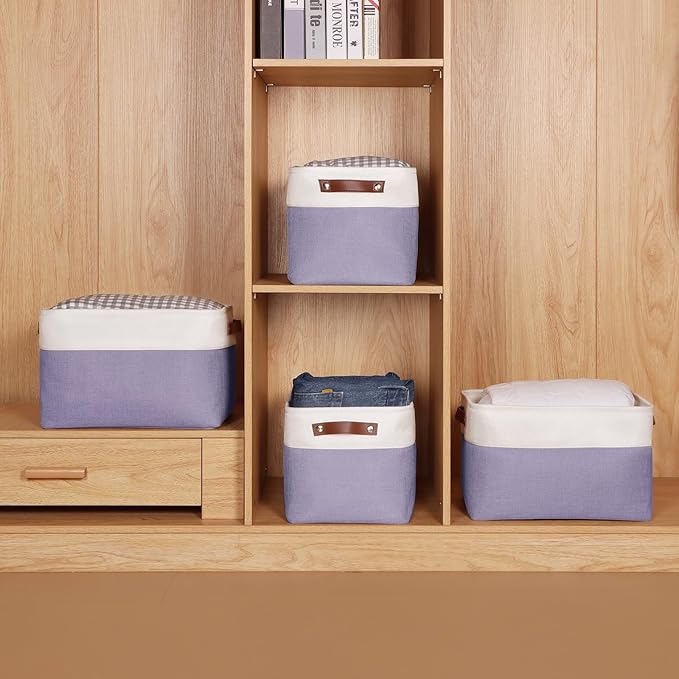 Univivi Large Fabric Storage Baskets Hard Bottom Organizer Bins for Shelves Organizing Foldable Storage Bins with PU Handles for Closet (Purple-4-Pack)