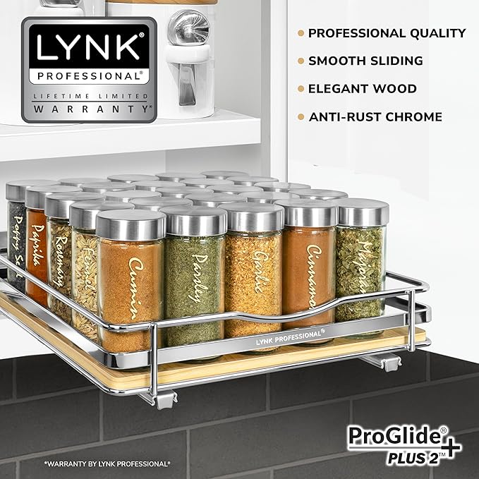 LYNK PROFESSIONAL® Élite™ Pull Out Spice Rack Organizer for Inside Kitchen Cabinets - 10-1/4 inch Wide - Slide Out Drawer – Wood/Chrome Sliding Spice Cabinet Organization Shelf Racks - 1 Tier
