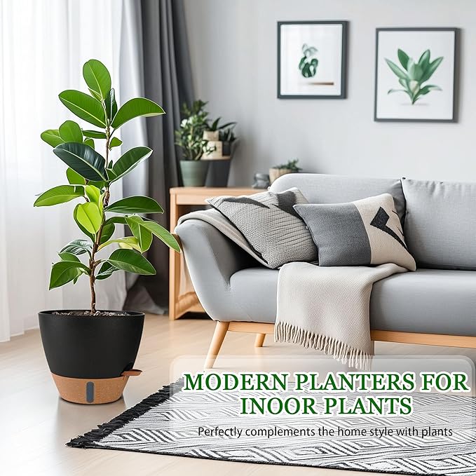 2 Pack 10 inch Plant Pots, Plastic Self Watering Planters with Drainage Holes, Deep Reservoir, Water Level Indicator, Modern Decorative Flower Pots for Indoor Outdoor Plants (Black, 10 inch)