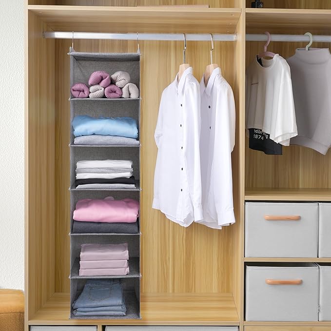 Large Hanging Sweater Organizer for Closet,Collapsible 6-Shelf Hanging Closet Shelves with Drawers, Washable (Grey-6 Shelf)