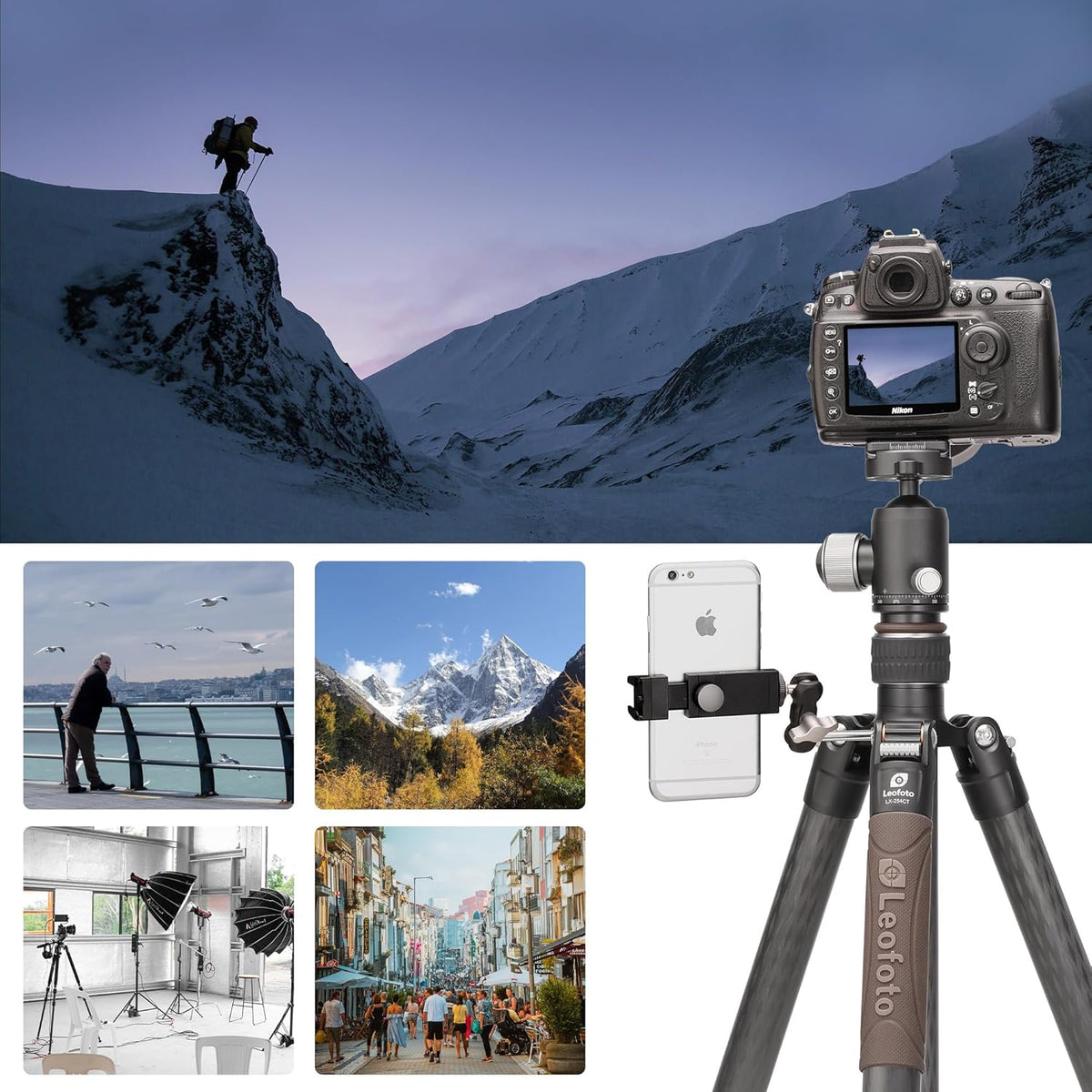 Portable Travel Tripod, Carbon Fiber Camera Tripod with Ball Head, with 360° Detachable Center Column, Folded Length 485mm, Max Load 15kg, Max. Height 1735mm (LX-324CT+XB-38)