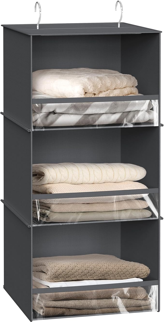 SIMPLE HOUSEWARE 3 Shelf Hanging Closet Organizer with Front Stopper, Dark Gray