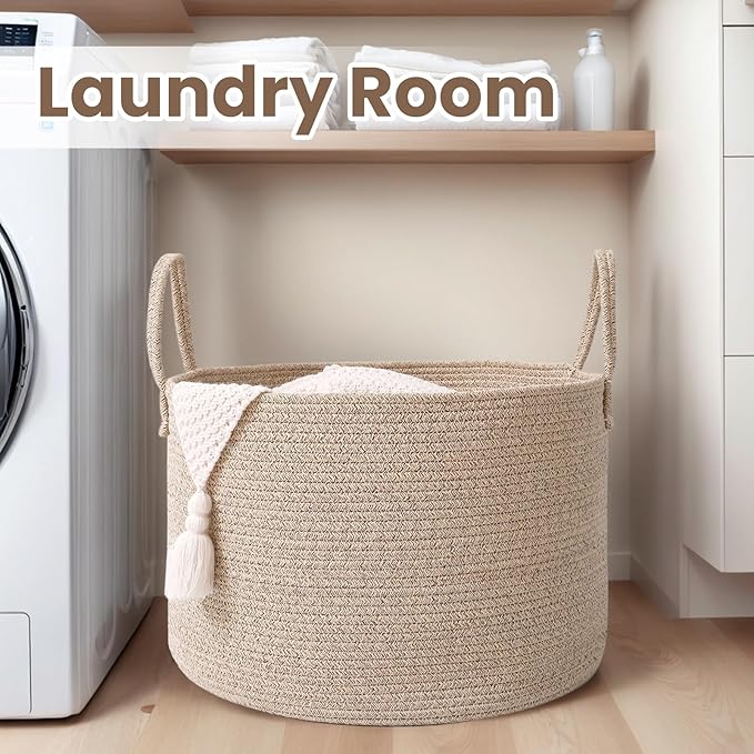 Woven Blanket Basket,115L Large Rope Storage Bin with Handles, Organizer for Blankets Toys Book and Clothes, Laundry Basket for Living Room Bedroom Nursery,Oatmeal