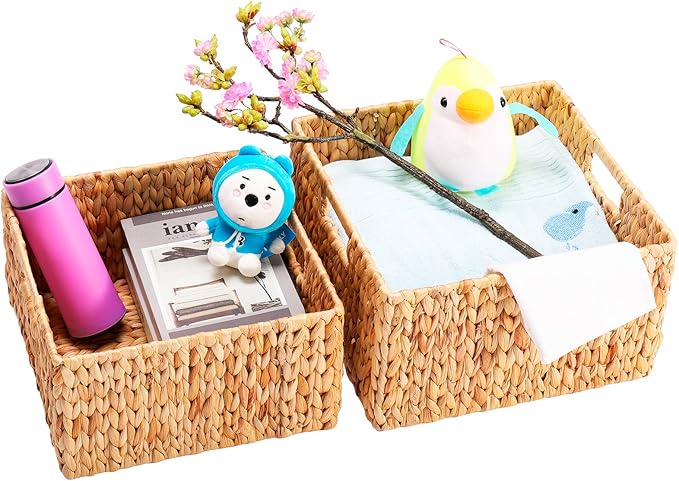 HOONEX Water Hyacinth Storage Baskets for Organizing, Decorative Wicker Baskets with Carrying Handles, Set of 2, Natural