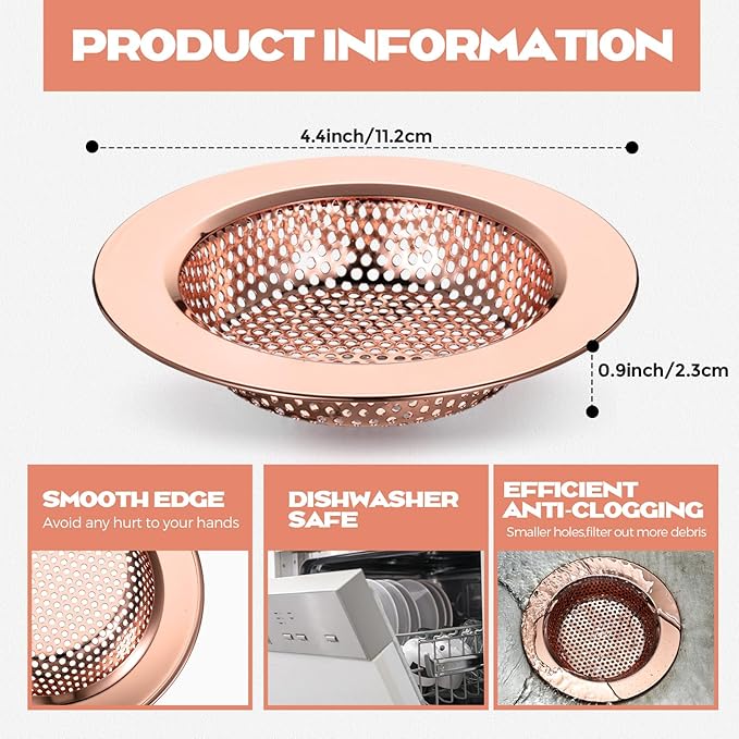 Retisee 2 Pcs Sink Strainer Stainless Steel Kitchen Sink Drain Strainer Basket Cover Mesh Hair Food Catcher, Large Wide Rim of 4.4 Diameter(Rose Gold)