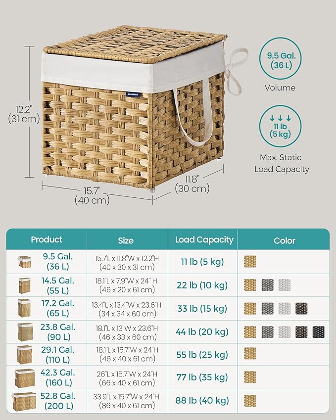 SONGMICS Laundry Hamper with Lid, 9.5 Gallon (36 L) Synthetic Rattan Clothes Laundry Basket with Lid and Handles, Foldable, Removable Liner, Goose Yellow ULCB136Y01