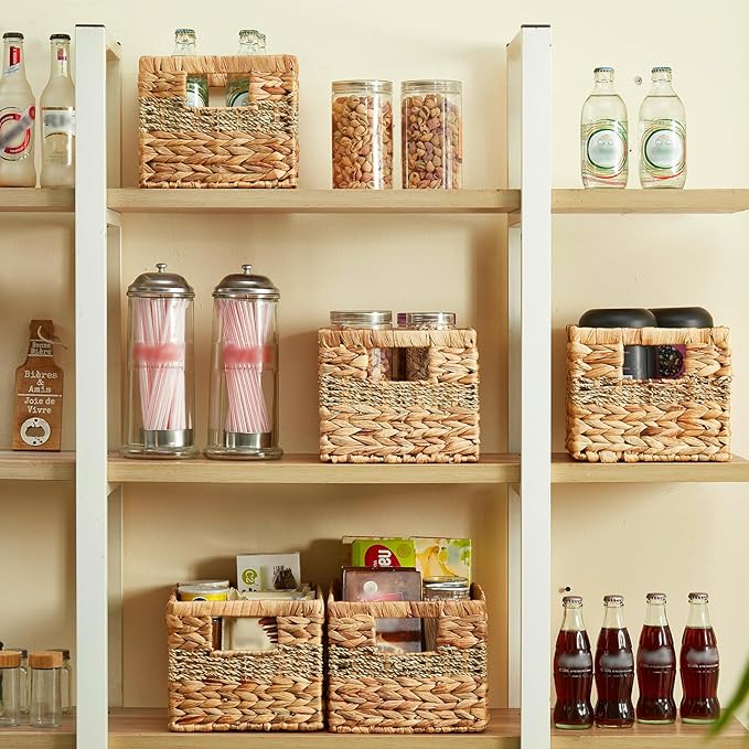 Water Hyacinth Wicker Basket, Decorative Woven Baskets with Built-in Handles, Hand-woven Storage Organizer for Organizing Pantry, Livingroom, Bedroom, Shelves, Toilet(2-PACK, Blended)