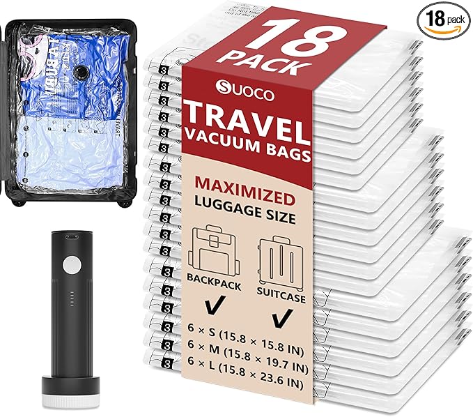 SUOCO 18 Pack Travel Vacuum Bags for Clothing with Rechargeable Electric Pump, Compression Seal Packing Cubes for Luggage Suitcase Backpack, Carry-on Size Space Saver Storage Bags for Vacation Cruise