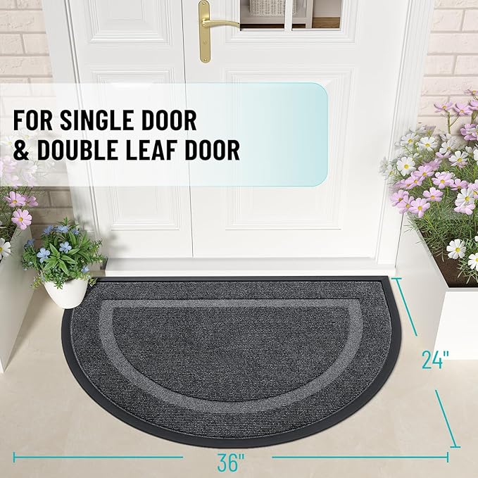 OLANLY Half Circle Door Mat Indoor Outdoor Entrance Welcome, Waterproof All-Season, All-Weather Doormat, Sturdy Natural Rubber, Low Profile, Easy Clean Patio Porch Entryway Mat, 36x24, Grey