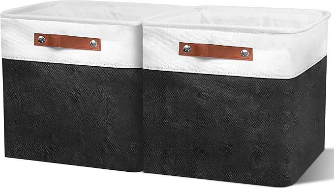 13in Open Fabric Storage Basket with Leather Handles for Organizing, Collapsible Linen Closet Bins for Shelves, Closets, Laundry, Decorative Basket for Gifts. (White＆Black, 2PCS/13x13in)