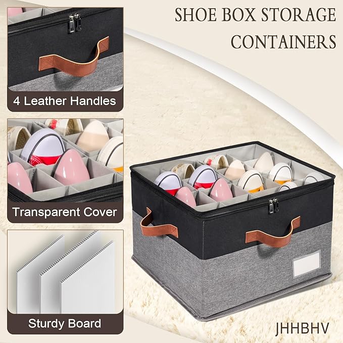 2 Pack Shoe Organizer for Closet, Adjustable Shoe Box Storage Containers, Large Foldable Shoe Bins with Clear Cover, Space Saving Shoes Holder with 4 Handles, Fits 16-32 Pairs, Black