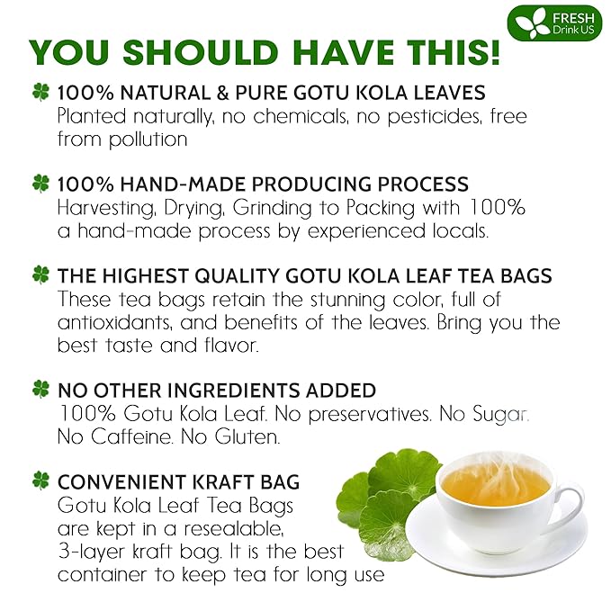 FreshDrinkUS, Premium Gotu Kola Leaf Tea – 75 Tea Bags | Pure Dried Centella Asiatica Leaves | Naturally Caffeine-Free Herbal Tea | Refreshing Aroma & Smooth Taste | Premium Herbal Infusion. Vegan