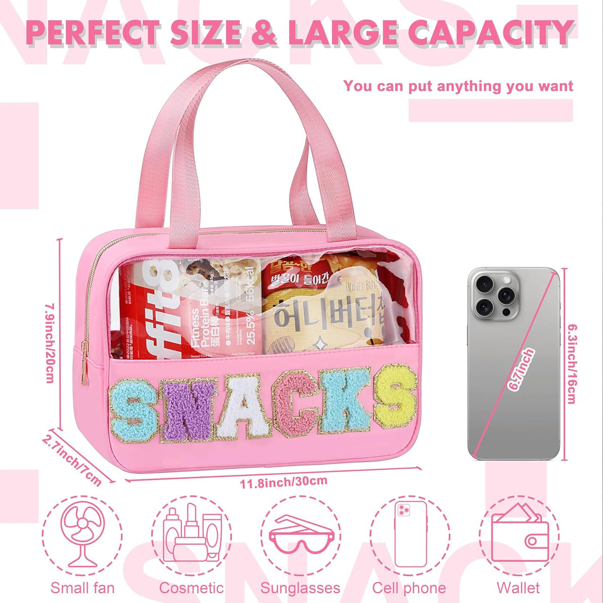 Snack Bag for Travel - Chenille Letter Clear Makeup Bag, Large Preppy Patch Snack Cosmetic Bag with Handle and Zipper, Cute Makeup Pouch Nylon&PVC Waterproof Toiletry Organizer Storage for Women Girls