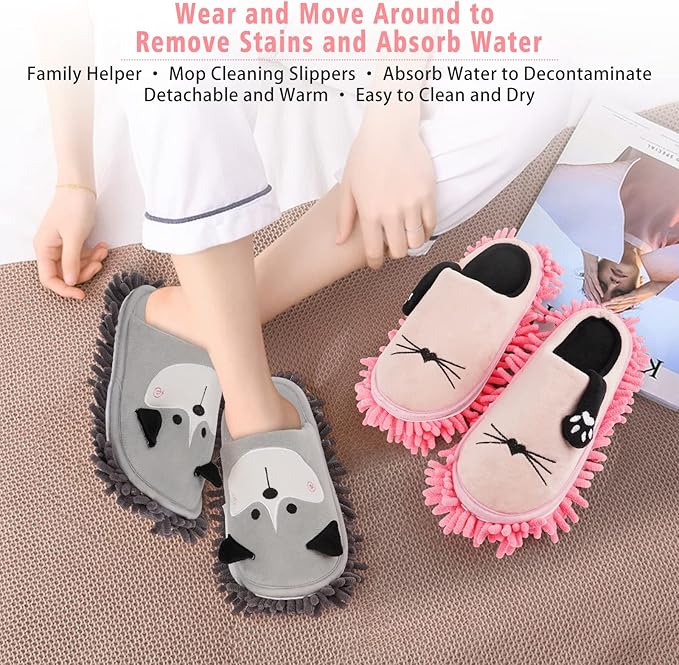 Cartoon Dog Mop Slippers Microfiber Clean Dusting Slippers Detachable Mopping Shoes for Office Home Room (Gray)