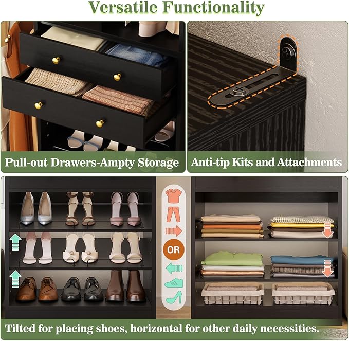 Closet System, Up to 134"/11.2 FT Closet Organizer with 4 Wooden Drawers and Shelves, Walk-in Closet System with 6 Hanging Rods, Built-in Closet Can Fit 96"/8FT, 120"/10FT, Black