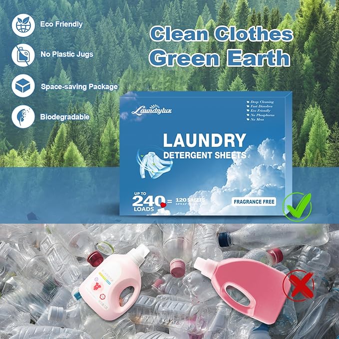 Laundry Detergent Sheet, Eco-Friendly & Hypoallergenic Wash Strips, Natural Ingredients, Ultra-Concentrated, Travel-Ready, No Plastic Jug- Unscented, (240 Loads) 120 Sheets