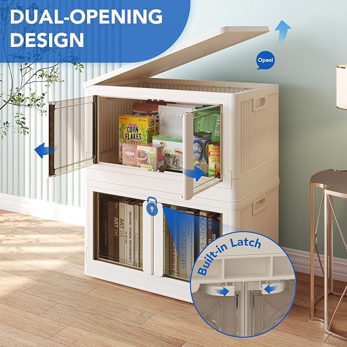 FLEXIMOUNTS 152 QT Stackable Storage Bins With Lids, Collapsible Plastic Storage Bins, Closet Organizers and Containers with Doors and Built-in Wheels For Home, 2 Pack Cubes, Milky White