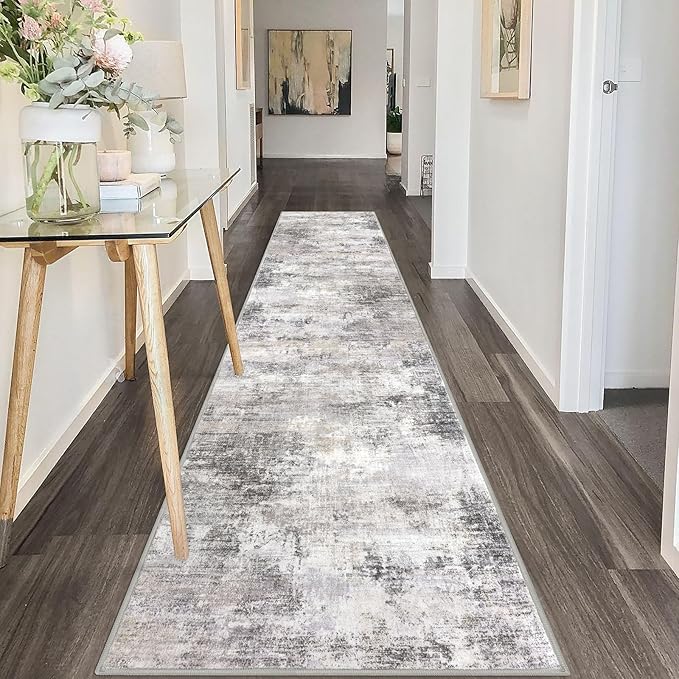 IOHOUZE Abstract Runner Rug 2x10 Ft Washable Runners for Hallways, Non Slip Kitchen Runner Printed Faux Wool Entryway Runner Indoor, Modern Abstract Floor Carpet for Hall Kitchen, Grey Beige