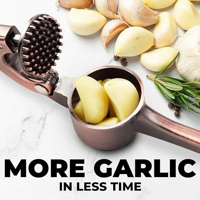 Zulay Kitchen Large Premium Garlic Press Set - Bigger Bowl for Bigger Garlic - Rust Proof & Dishwasher Safe Garlic Mincer Tool - Easy-Squeeze, Easy-Clean Silicone Garlic Peeler & Brush (Copper)