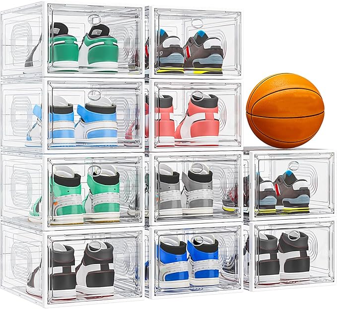 10 Pack Thicken Shoe Organizer Stackable,Upgraded Sturdy Shoe Storage Box with Magnetic Door,Shoe Containers For Sneaker Display,Hat Organizer,White